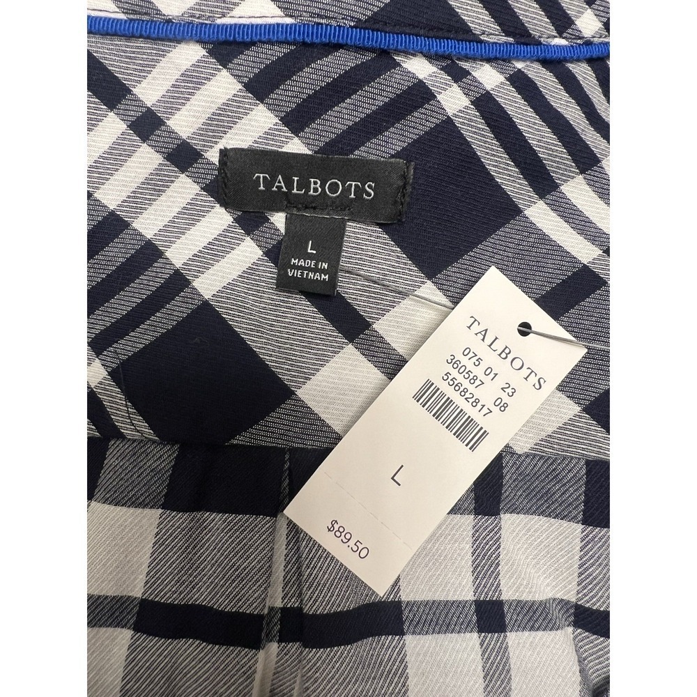TALBOTS Long Sleeve Botton Up Classic Checked Blouse Navy & White Sz L NWT - Picture 4 of 6